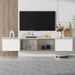 Meuble tv 170 cm, suspendu, avec 4 portes de rangement, verre, pieds dors, moderne, meuble de salon ...