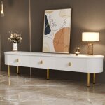 Meuble tv 174 cm, avec 3 tiroir de rangement, poign�es et pieds en m�tal dor�es, rectangulaire, scandinave, ...