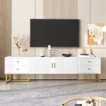 Meuble tv 175 cm, avec 2 portes � texture sculpt�e et 4 tiroirs, poign�es et pieds dor�s, panneau bas, ...