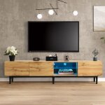 Meuble tv 175 cm, avec �clairage led, 3 portes de rangement, pieds en m�tal, rectangulaire, meuble salon ...
