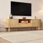 Meuble tv 175x36x51 cm avec tiroir en rotin et portes arrondies rangements design moderne mdf naturel ...