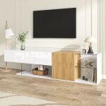 Meuble tv 180 cm blanc laqué avec finition bois et Étagères en verre, banc télé bas de salon, style moderne ... Meuble tv 180 cm blanc laqué avec finition bois et Étagères en verre, banc télé bas de salon, style moderne ...