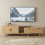 Meuble tv 180 cm extensible rotin avec 2 tiroirs, 2 portes, banquette tv modulable, pieds en bois massif, ...