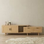 Meuble tv 180 cm extensible rotin avec 2 tiroirs, 2 portes, banquette tv modulable, pieds en bois massif, ...