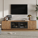 Meuble tv 180 cm led app, portes verre tremp�, bois naturel & noir, pour tv 75