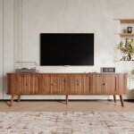 Meuble tv 180 cm moderne - banc tv 4 portes, pieds bois et d�tails dor�s - meuble de t�l�vision design ...