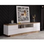 Meuble tv 180x38x46 cm, 5 portes et 2 �tag�res ouvertes, en mdf, blanc et bois