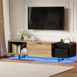 Meuble tv 180x38x49 cm design bicolore bois naturel / noir avec tiroirs, niches ouvertes et �clairage ...