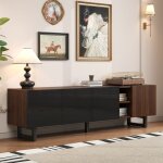 Meuble tv 180x38x50 cm - avec 4 portes - aspect bois - portes � haute brillance - mdf + panneaux de particules ...