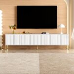 Meuble tv 190 cm, avec 4 portes de rangement, tagres, pieds en mtal dores, rectangulaire, scandinave, ...