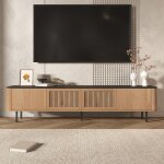 Meuble tv 190cm aspect et cannage, 4 portes (2 pleines + 2 tress�es), grand banc tv design unique, pour ...