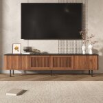 Meuble tv 190cm aspect et cannage, 4 portes (2 pleines + 2 tress�es), grand banc tv design unique, pour ...
