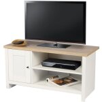 Meuble tv avec 2 niches et 1 porte design colonial ? 95x40xh49 cm, coloris blanc et plateau chne clair ...