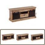 Meuble tv avec 2 portes coulissantes bois de manguier massif - meuble tv industriel - meuble tv vintage ...