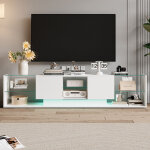Meuble tv 200 cm, 2 �tag�res en verre tremp�, 2 tiroirs, �clairage led rgb, mobilier de salon moderne, ...