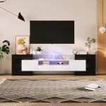Meuble tv 200 cm blanc laqu� brillant / �clairage led int�gr� / surface verre �l�gant / meuble salon ...