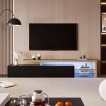Pergar - meuble tv 200 cm, avec éclairage led, rangement, aspect bois, étagères en verre, noir, 200x39x41 ... Pergar - meuble tv 200 cm, avec éclairage led, rangement, aspect bois, étagères en verre, noir, 200x39x41 ...