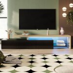 Meuble tv 200 cm, avec lumi�re led variable, avec 3 portes et 2 �tag�res ouvertes en verre, aspect bois ...