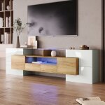 Meuble tv 200x35x60cm �clairage led 6 portes 2 tiroirs 3 compartiments mdf laqu� couleur naturelle et ...
