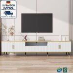 Meuble tv 200x40x46cm avec 1 tiroir 4 portes, adapt pour tv 90 pouces, pour salon, agglomr, blanc
