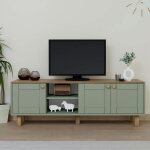 Meuble tv 3 portes vert sauge et plateau effet ch�ne varen