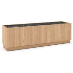 Meuble tv 4 portes 160cm en m�lamin� imitation bois et marbre noir - odalys