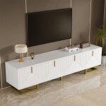 Meuble tv 4 portes avec rangement, poign�es et pieds dor�s, meuble bas de salon et de chambre, 160�38�44cm, ...