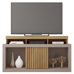 Meuble tv 55 pouces chne et gris 1 porte 6 roulettes l 136 h 74 p 39 cm