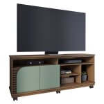 Meuble tv 65 pouces vert olive et chne 2 portes 7 niches roulettes l 150 h 63. 2 p 39. 3 cm