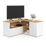 Meuble tv 90 x 90 cm d'angle baltazar façon hêtre et blanc Meuble tv 90 x 90 cm d'angle baltazar façon hêtre et blanc