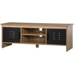 Meuble tv banc tv 110 cm design industriel, avec 2 placards, 2 niches, 2 passe - fils, aspect bois veinage ...