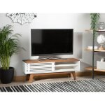 Meuble tv - banc tv - meuble tl au style rtro en marron noyer et blanc avec porte coulissante et 4 ...