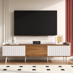 Meuble tv bas 3 portes 160x39x49. 5 cm - conception simple - blanc et finition bois naturel - meuble ...