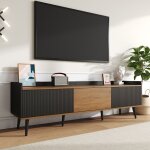 Meuble tv bas 3 portes 160x39x49. 5 cm - conception simple - noir et finition bois naturel - meuble tv ...