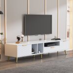 Wishdor - meuble tv bas blanc avec tiroirs et portes, design nid d'abeille, poignes et pieds dors, ...