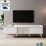 Meuble tv - meuble tv bas sur pied - scandinave - 160 x 40 x 58 cm - double porte coulissante + deux ...