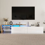 Meuble tv blanc 170 cm meuble tv bas moderne avec �clairage led, 2 tiroirs de rangement, 2 �tag�res en ...