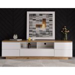 Meuble tv blanc 180 cm avec 3 portes, meuble bas salon chambre, finition effet bois, structure en mdf, ...