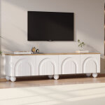 Meuble tv blanc et bois 180x40x45 cm avec 4 portes cintr�es, 6 pieds en m�tal � boule, buffet bas et ...