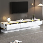 Meuble tv blanc brillant 200x40x40cm, buffet bas moderne avec 3 tiroirs, grand espace de rangement, console ...