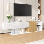 Meuble tv blanc brillant avec aspect bois et tagres en verre, 180x38x48 cm