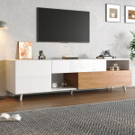 Meuble tv blanc brillant et bois 180x38x50cm, meuble bas avec 1 tiroir + 6 compartiments de rangement, ...