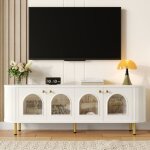 Meuble tv blanc, buffet bas, meuble de rangement avec portes vitr�es, poign�es et pieds dor�s, 170x35x55 ...
