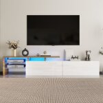 Meuble tv blanc laqu� et bois. �tag�res verre, rangements pratiques et �clairage led. design moderne ...