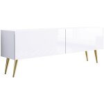 Meuble tv : blanc mat / blanc brillant, pieds dor�es, 140 � 52 � 32 cm