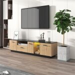 Meuble tv 180 cm, avec clairage led orientable, avec 1 tiroir et 3 portes poignes, verre 2 segments, ...