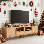 Meuble tv bois - 2 tiroirs et 2 portes - rotin synth�tique - pieds en bois massif - meuble de salon - ...