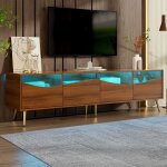 Meuble tv bois fonc 180 cm avec clairage led, corps en bois, pieds mtalliques dors, faade en verre ...