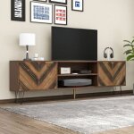 Meuble tv bois massif, avec 2 portes, 2 compartiments, panneau bas, meuble de salon, 157 x 38 x 48 cm ...