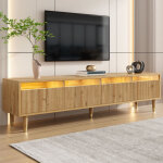 Meuble tv bois moderne avec led, design minimaliste bois naturel, grand rangement, 4 tiroirs en acrylique, ...